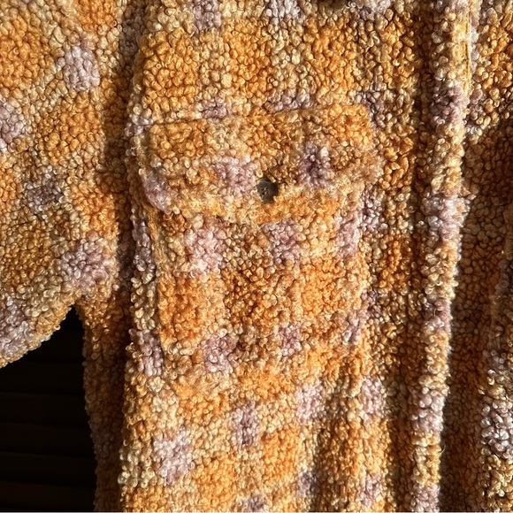 Good American Long Plaid Sherpa Coat Teddy Jacket 2X Warm Fuzzy Mustard Yellow - Picture 8 of 14